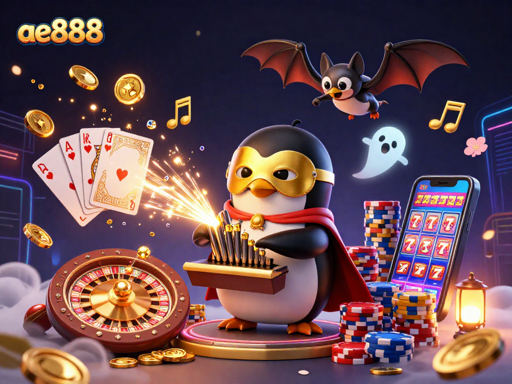 Win with ae888 as a 3D cartoon penguin plays an organ shooting golden coins!