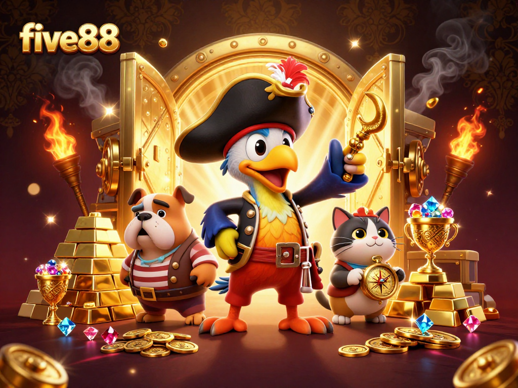 five88 themed 3D pirate crew embarking on a treasure hunt amid sparkling riches