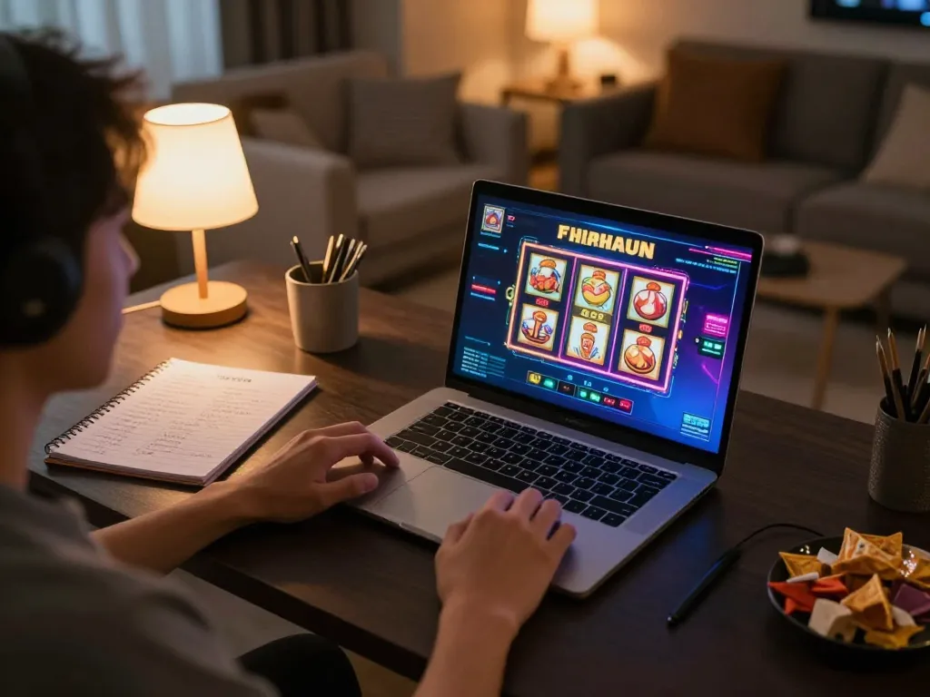 Player engaging with F168 online casino platform on laptop, surrounded by gaming notes and snacks, promoting strategic fun.