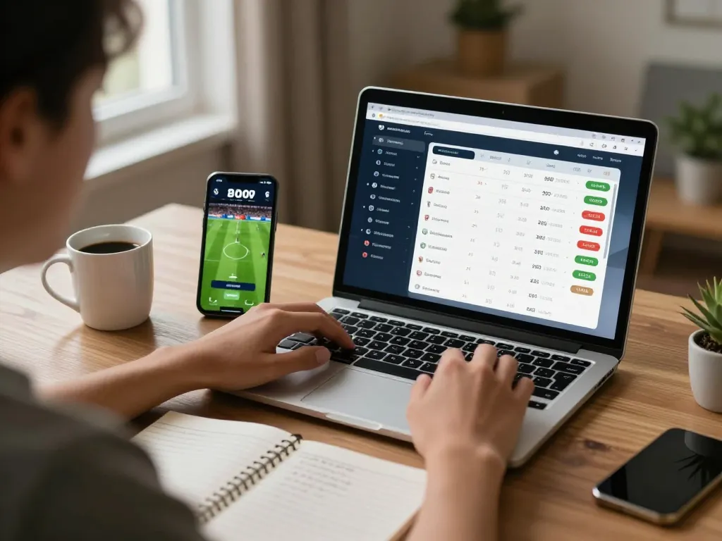 Person engaging in soi keo sports betting at home with laptop and smartphone, showcasing modern betting excitement.