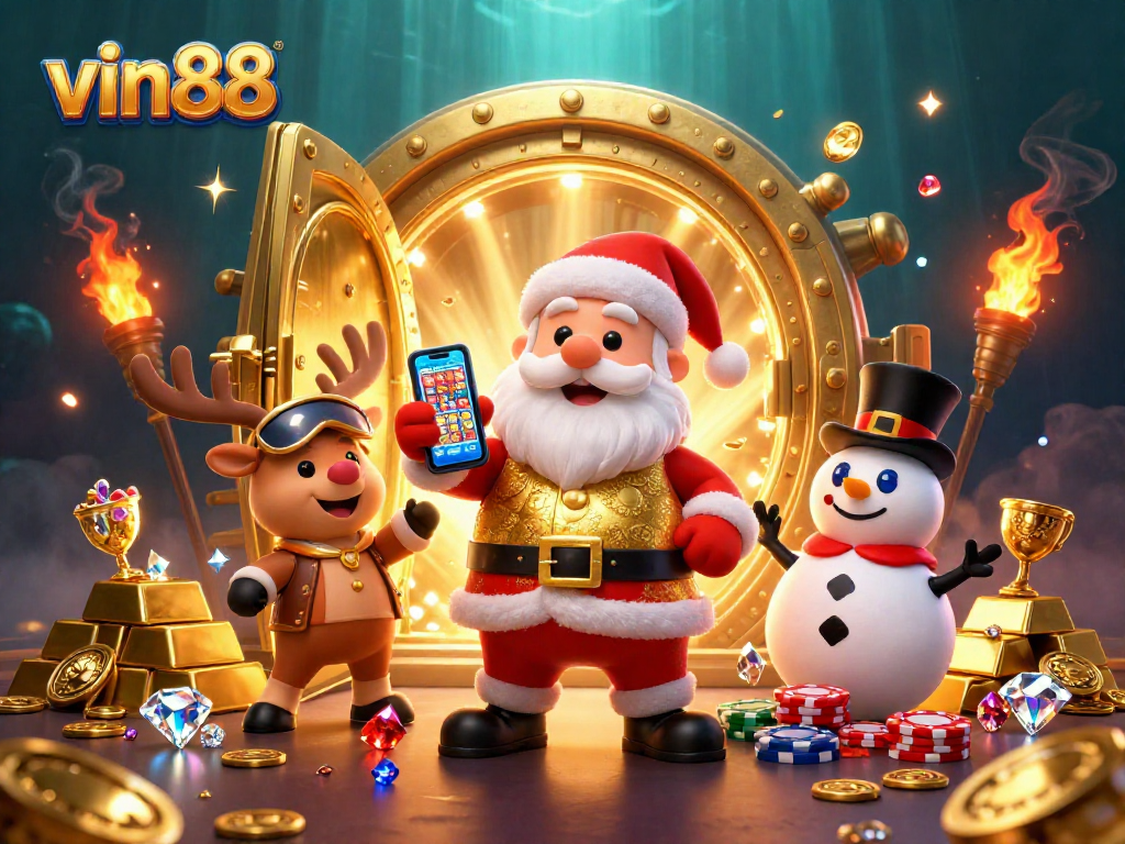 Experience vin88's excitement with Santa and friends in a vibrant casino setting.