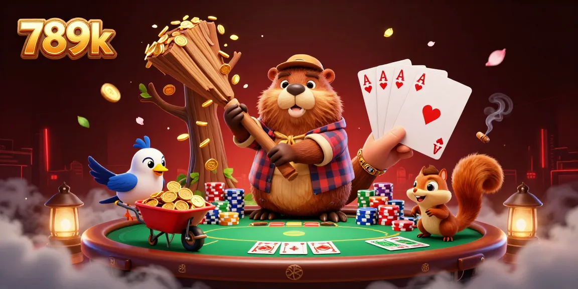 Engage with the vibrant 789k scene featuring a lively beaver, collecting golden coins at a poker table.