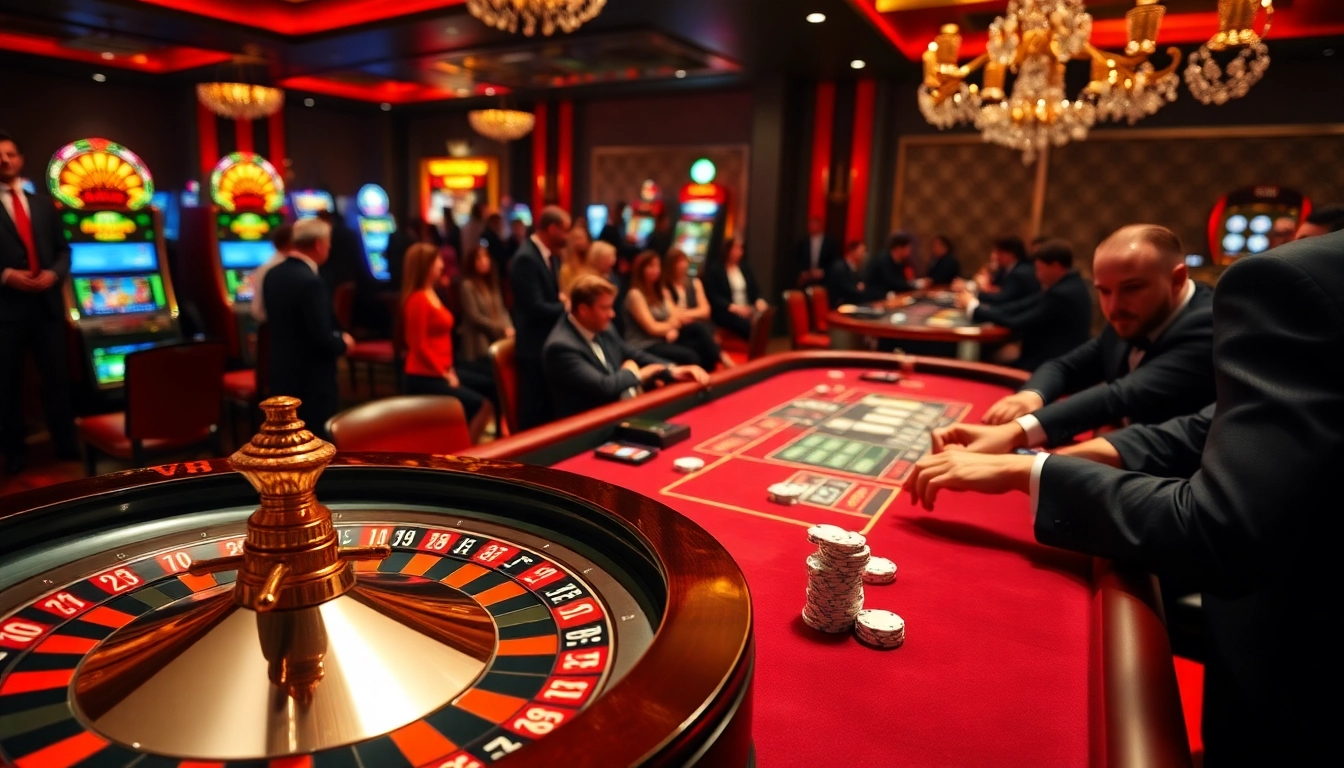 Players enjoying a thrilling casino experience at RR88 with poker chips and roulette wheel.