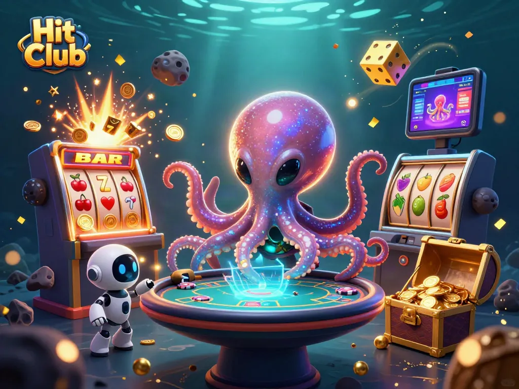 Join the Hit Club with this vibrant illustration featuring an alien octopus at a poker table.