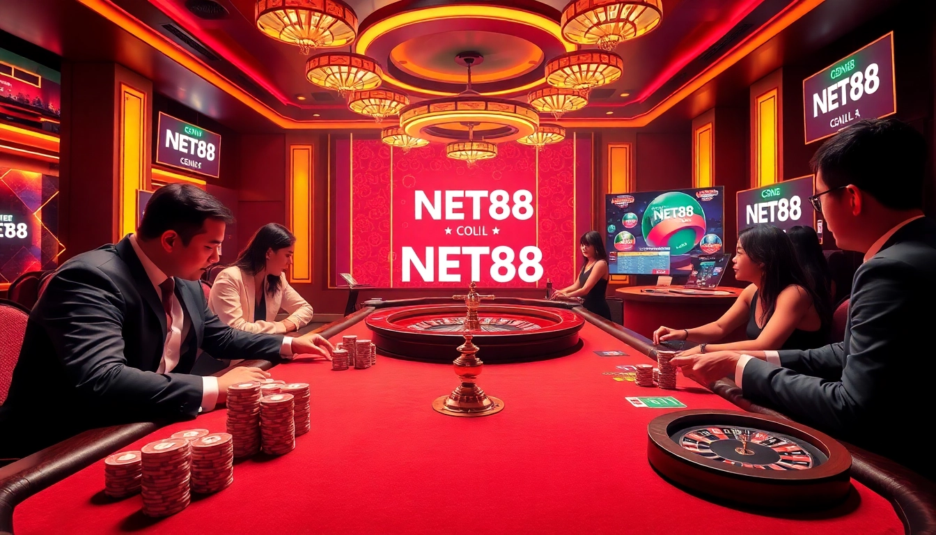 Experience the excitement of NET88 as players engage at a vibrant casino table with poker chips and roulette.