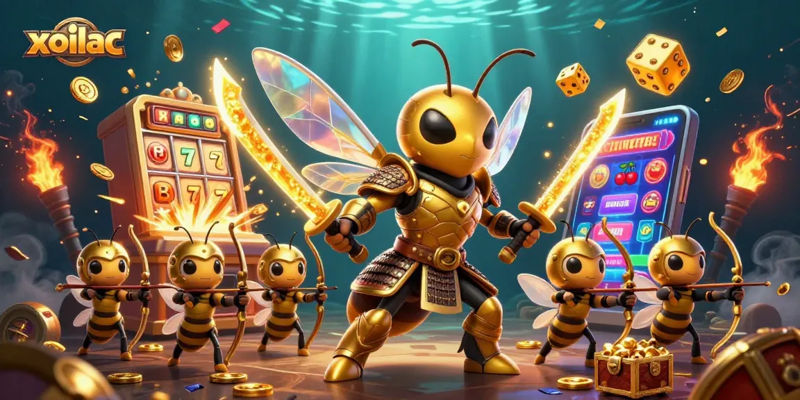 Xoilac offers immersive gaming with golden symbols and lively characters in a vibrant illustration.