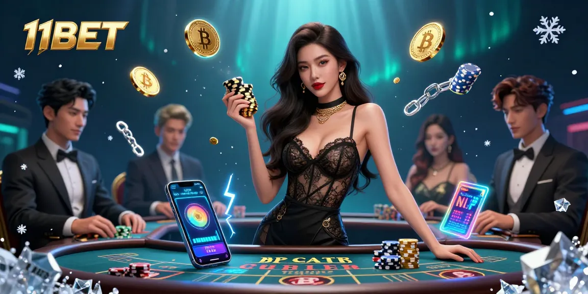 Play high-stakes baccarat at 11BET with a beautiful Asian dealer, luxurious casino atmosphere.