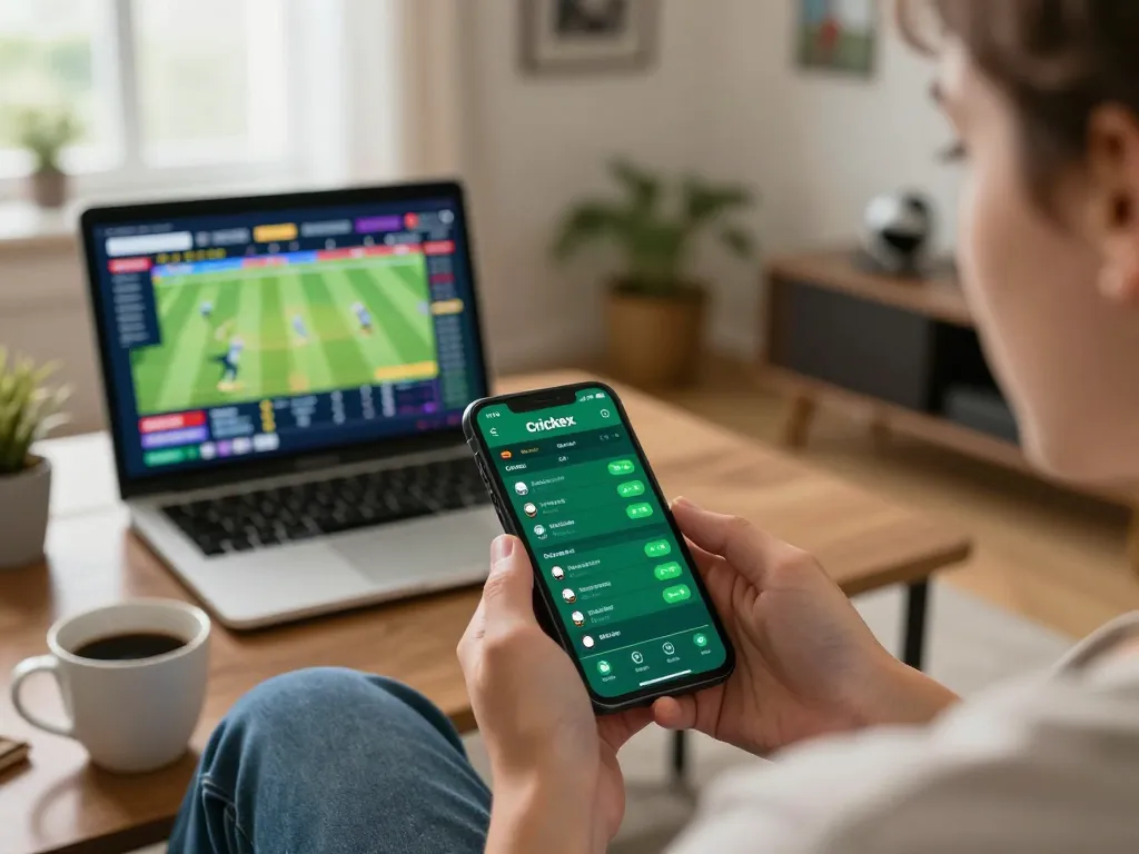 Crickex mobile app showing live cricket betting action in a cozy home setting