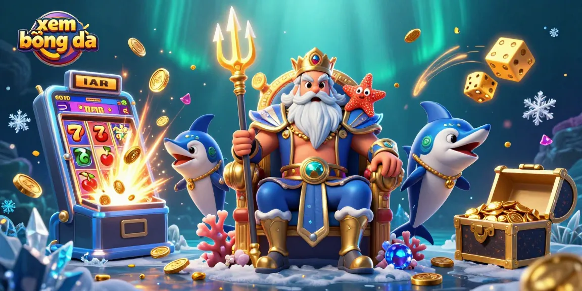 Experience xem bóng đá with vibrant 3D casino illustration featuring Neptune and slot machines.