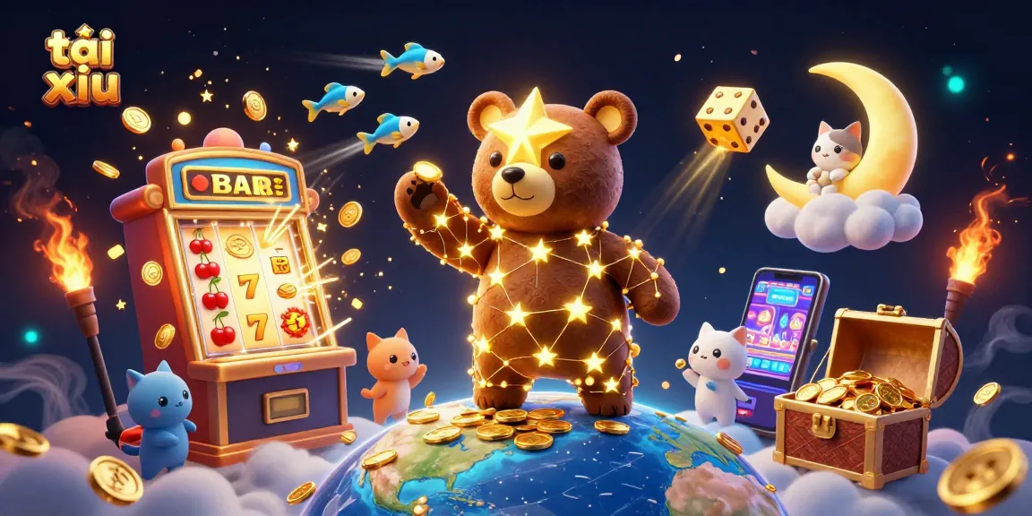 Tài xỉu game scene with a constellation bear scooping coins and a 3D slot machine bursting with jackpots.