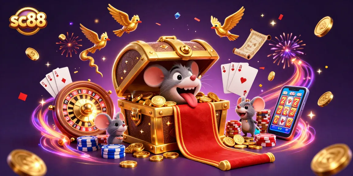 Experience the thrill of sc88 with an engaging scene of treasure chests, coins, and a lively casino atmosphere.