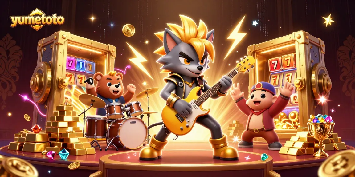 Experience gaming excitement with Yumetoto, starring a rock star wolf and drummer bear on stage.