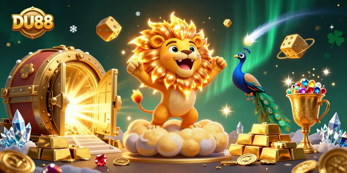 Win big with DU88 as the sun lion roars amid golden treasures and vibrant casino elements.