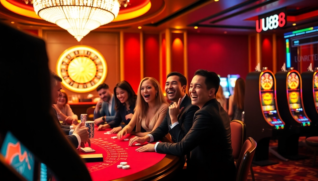Excited players enjoying games at a luxury UU88 casino, featuring poker tables and slot machines.