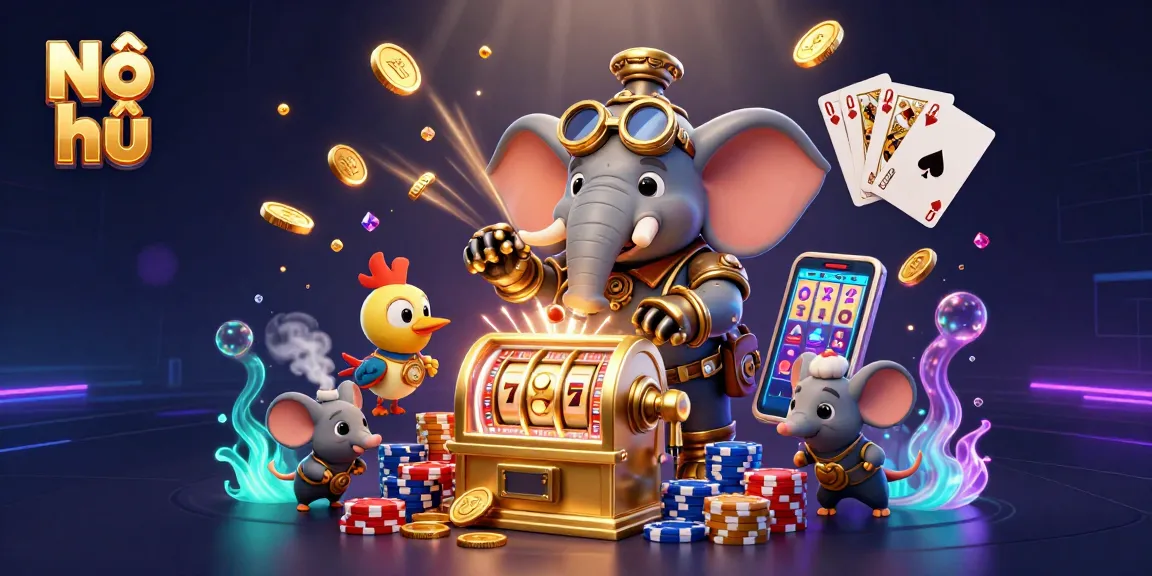 Experience the thrill of Nổ hũ with vibrant slots and dynamic gaming elements in a 3D illustration.