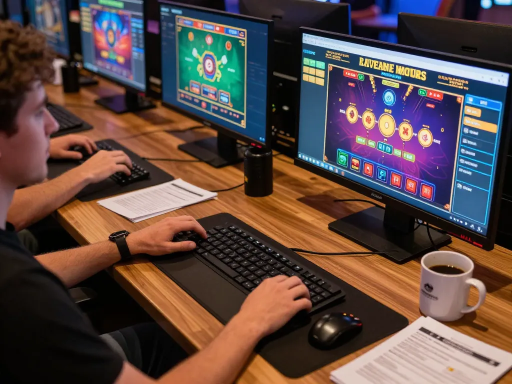 Player engaging with pg88 casino games on multiple screens in a cozy gaming setup.