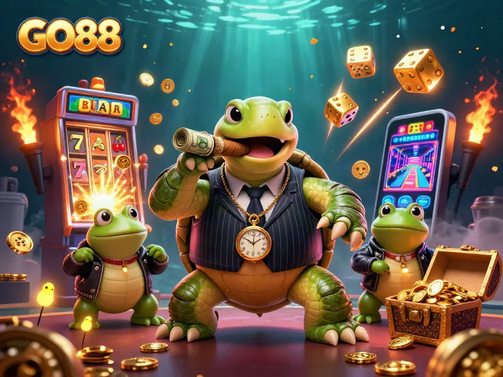 Engage with GO88's vibrant casino world, featuring a snapping turtle mobster and jackpot-themed elements.
