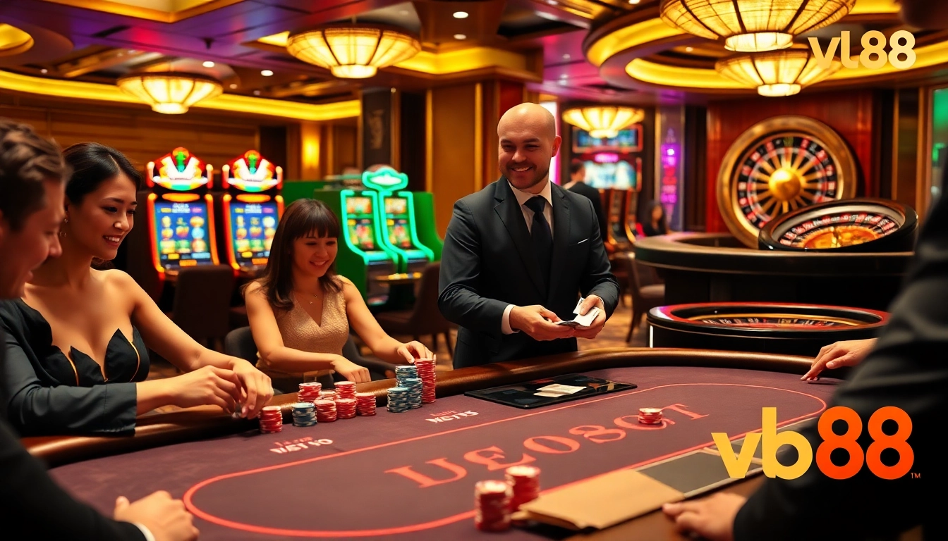 Players betting at the vb88 poker table in a vibrant casino setting.