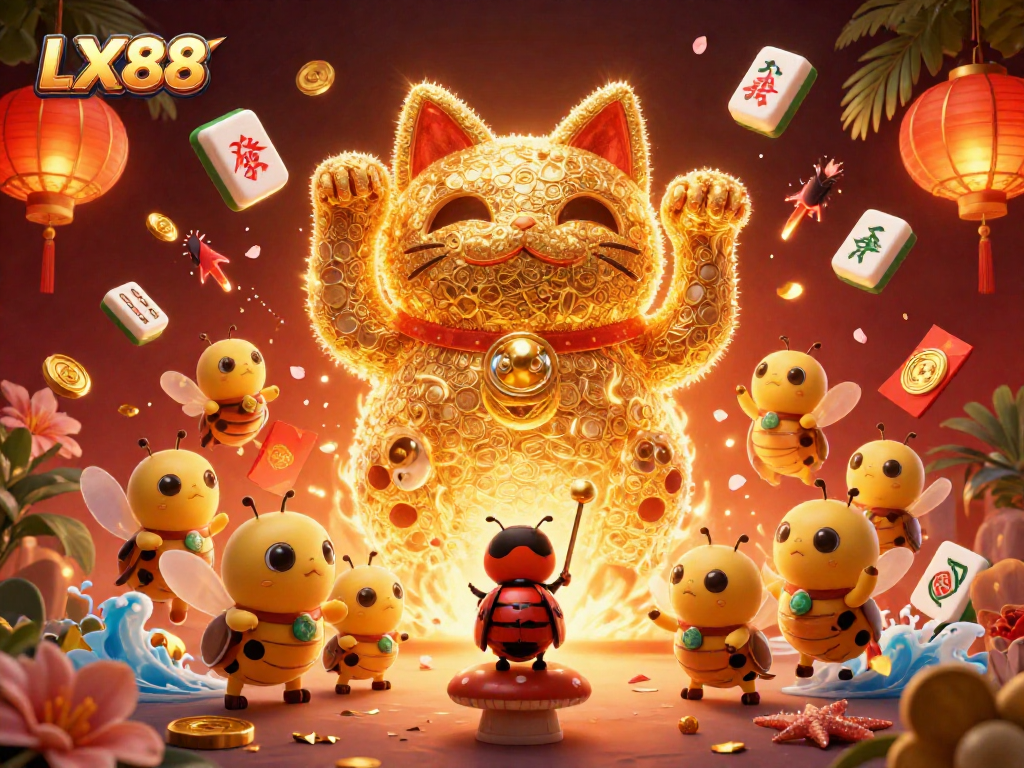 Experience the magic of LX88 as golden fireflies form a lucky cat amidst vibrant casino elements.