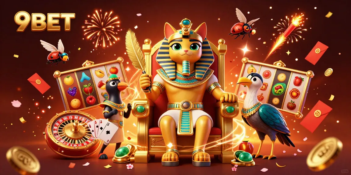 Experience the thrill of 9BET with a vibrant 3D casino scene featuring animated characters and game elements.