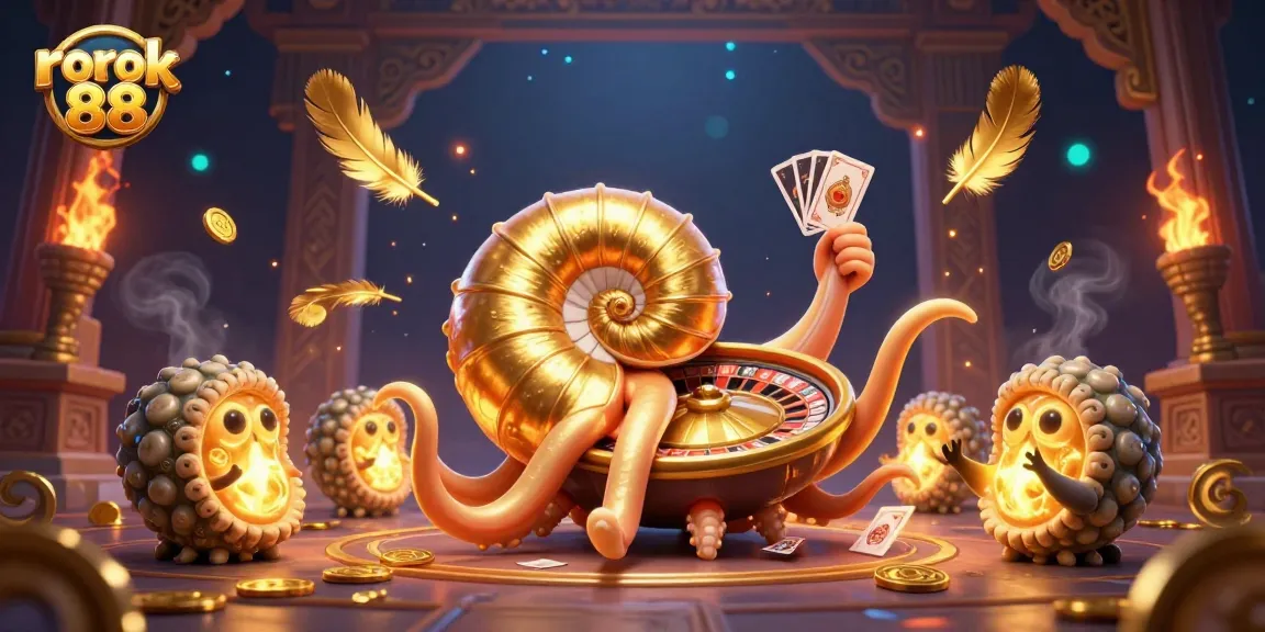 Experience the excitement of rokok 88 with a vibrant scene of a giant nautilus, roulette wheel, and glowing ammonites.