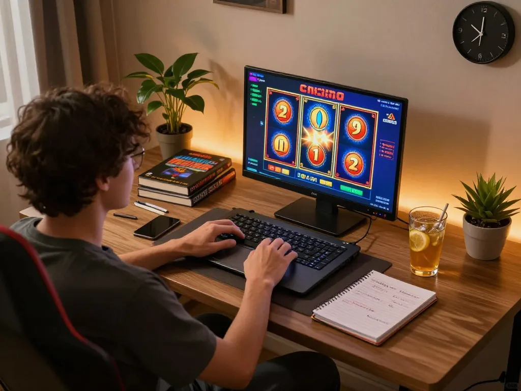 Nohu online gaming session highlighting slots on a laptop with strategy notes visible