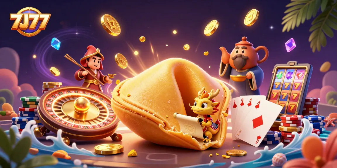 Spin into excitement with 7J77 featuring a golden fortune cookie and casino elements.