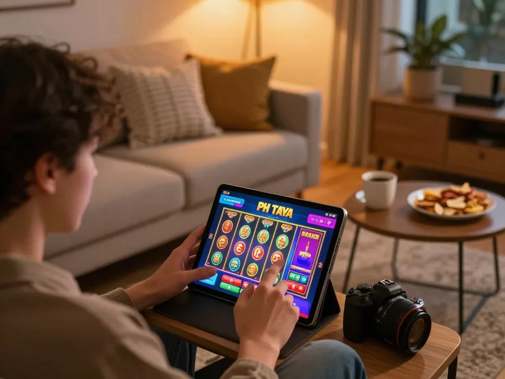 Experience the excitement of PH TAYA gaming on a tablet with colorful slot displays in a cozy home