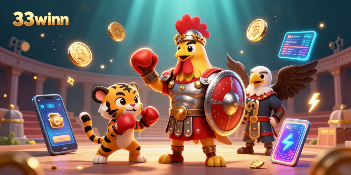 Engage with 33winn as a 3D cartoon gladiator rooster claims glory in a vibrant casino scene.