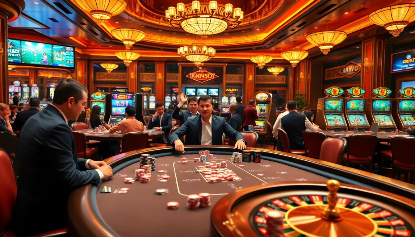 Excited players engaging at the KM88 casino tables, showcasing vibrant gambling elements.