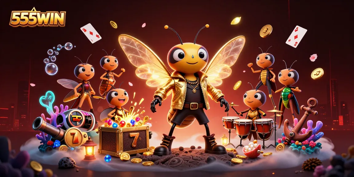 Experience thrilling gameplay with 555WIN featuring a dynamic illustration of a cartoon rock star at a vibrant casino.