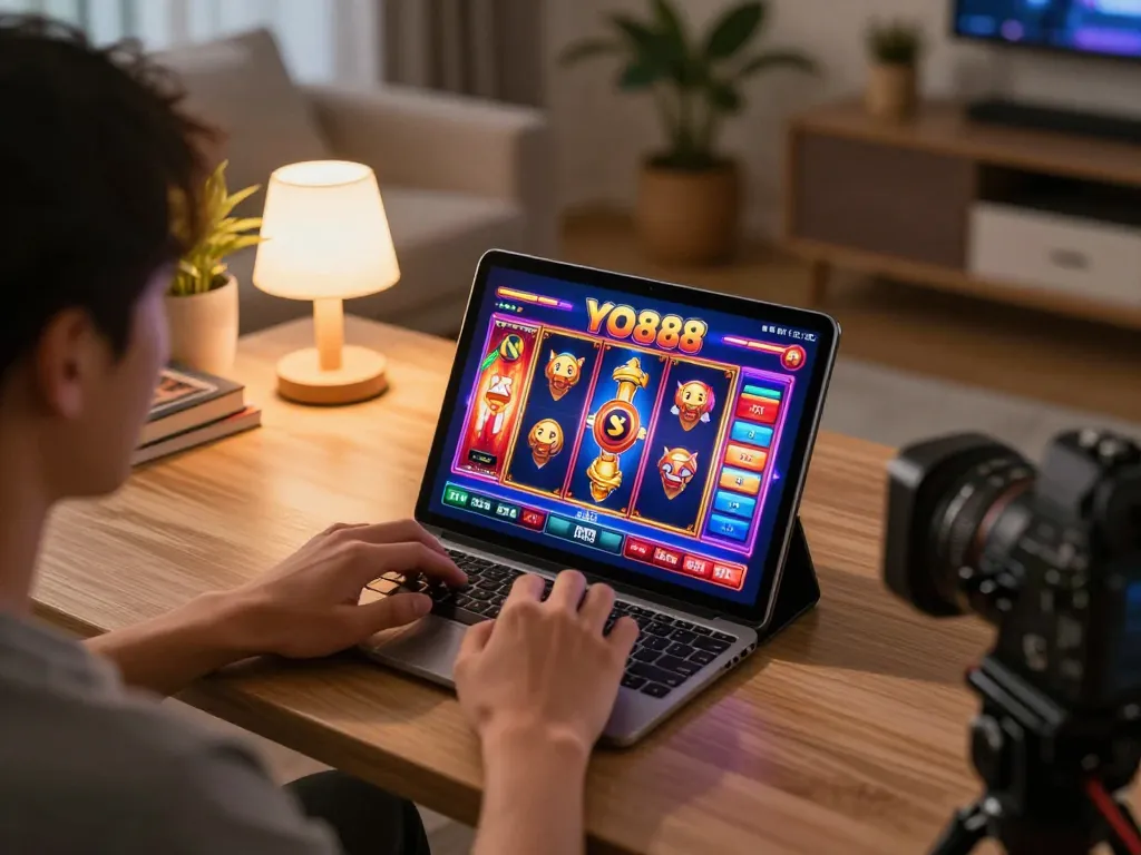 Engaged player enjoying YO88 on a tablet, showcasing vibrant slot machine gameplay.