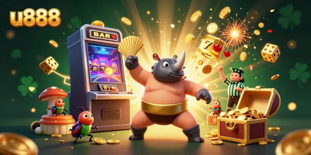 Experience the excitement of the u888 online casino with a lively illustration of gaming fun.