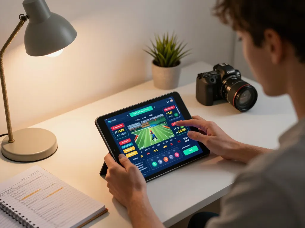 Engaged player using Net88 app for sports betting with strategic notes in cozy home office