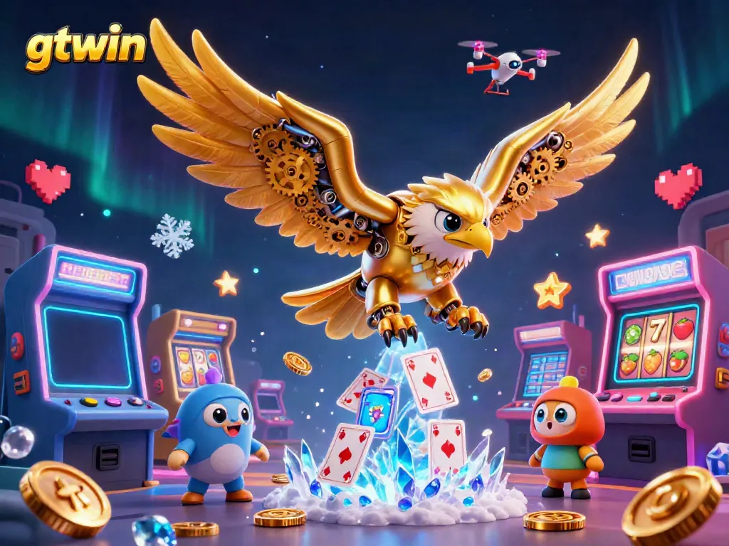 Experience exhilarating gameplay with gtwin, as the cybernetic eagle dives through colorful playing cards and arcade machines.