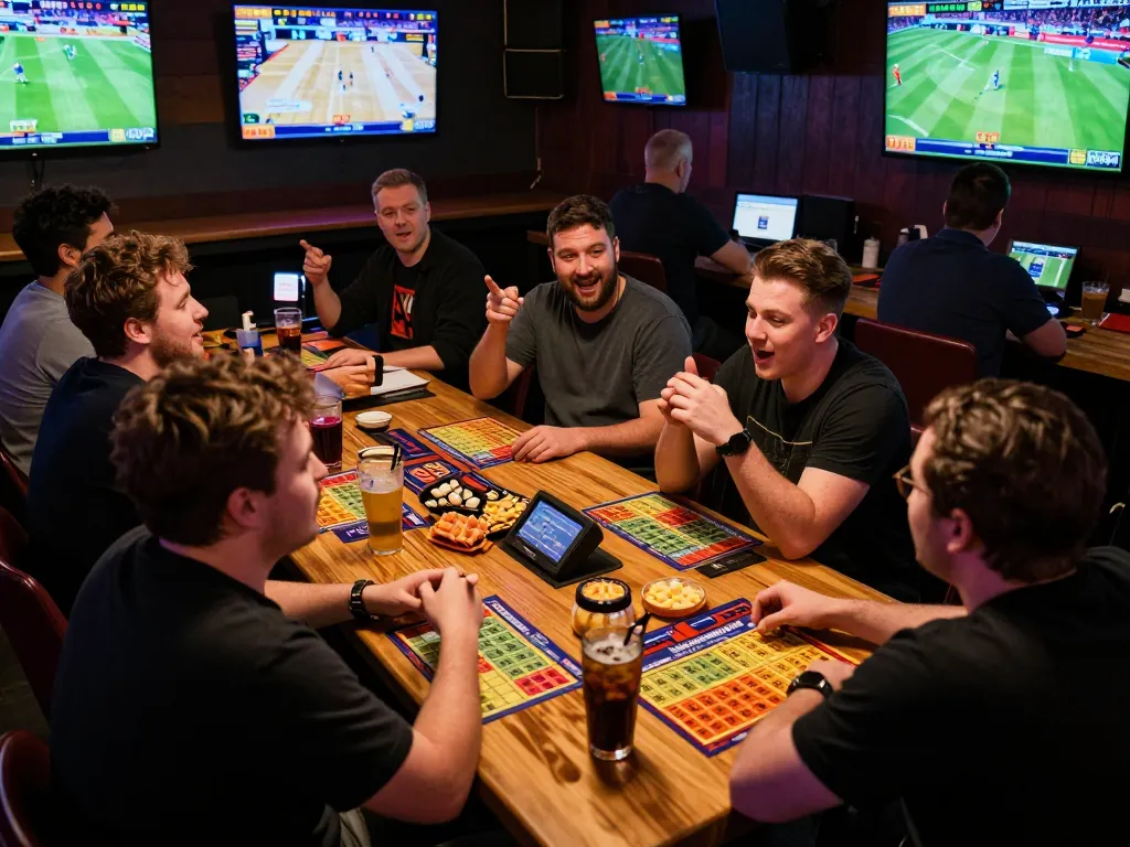 Excited group placing bets at TIP88 during a lively sports event watching
