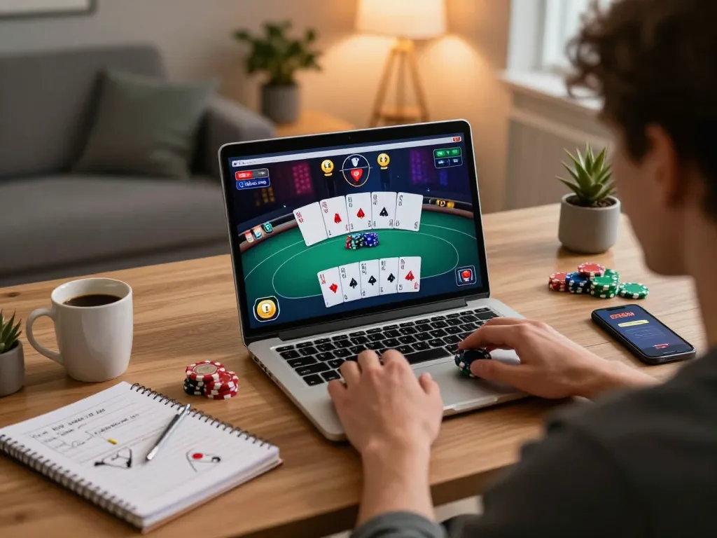 Player enjoying a strategic poker game on OPEN88 app in a cozy home setting, showcasing laptop and accessories.