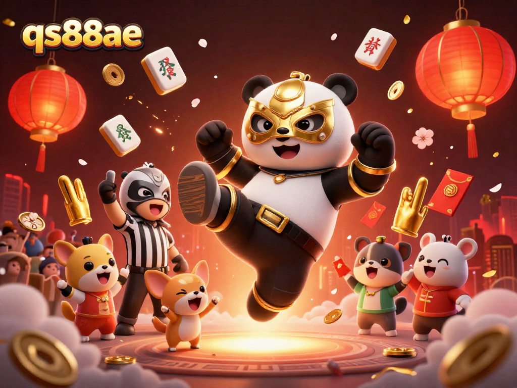 Experience the excitement of qs88ae as the panda wrestler leaps into action in this colorful casino scene.
