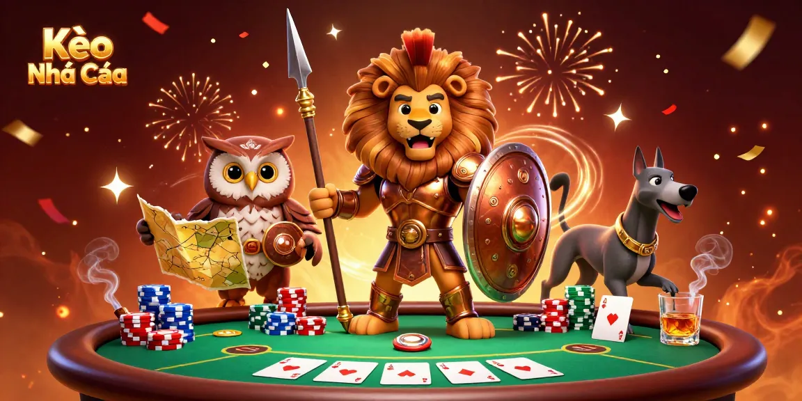 Engage with Kèo Nhà Cái through an action-packed scene of animated characters and vibrant poker elements