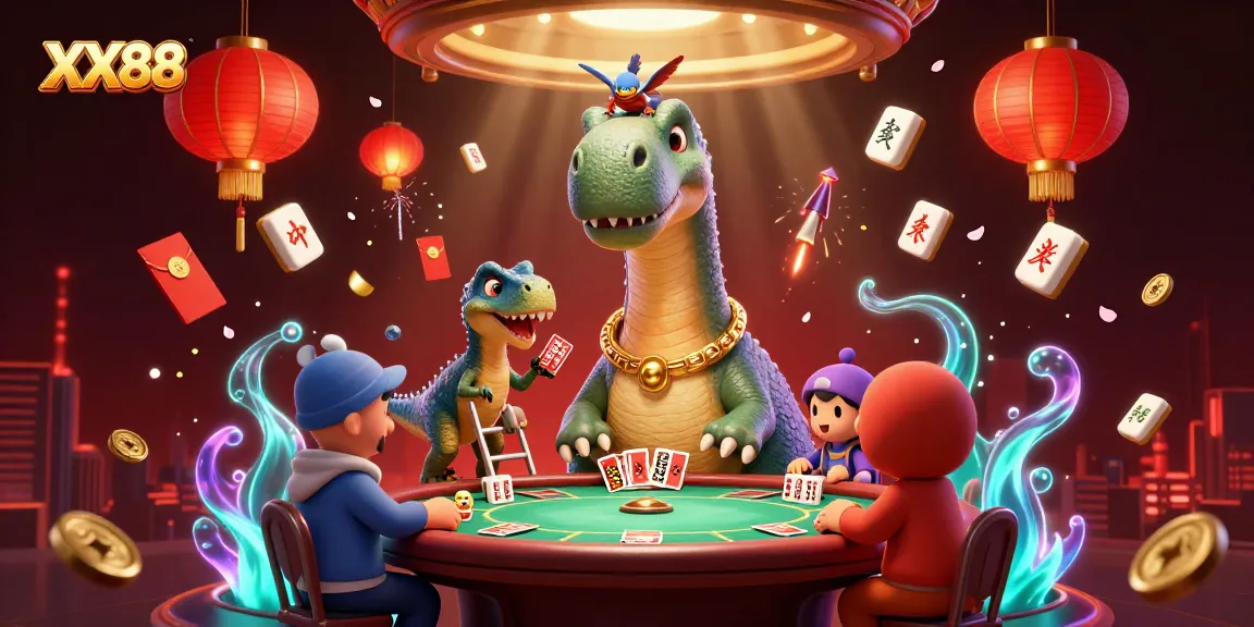 Engage in thrilling gameplay at XX88 with a lively casino scene featuring a playful brontosaurus and clever raptor at the poker table.