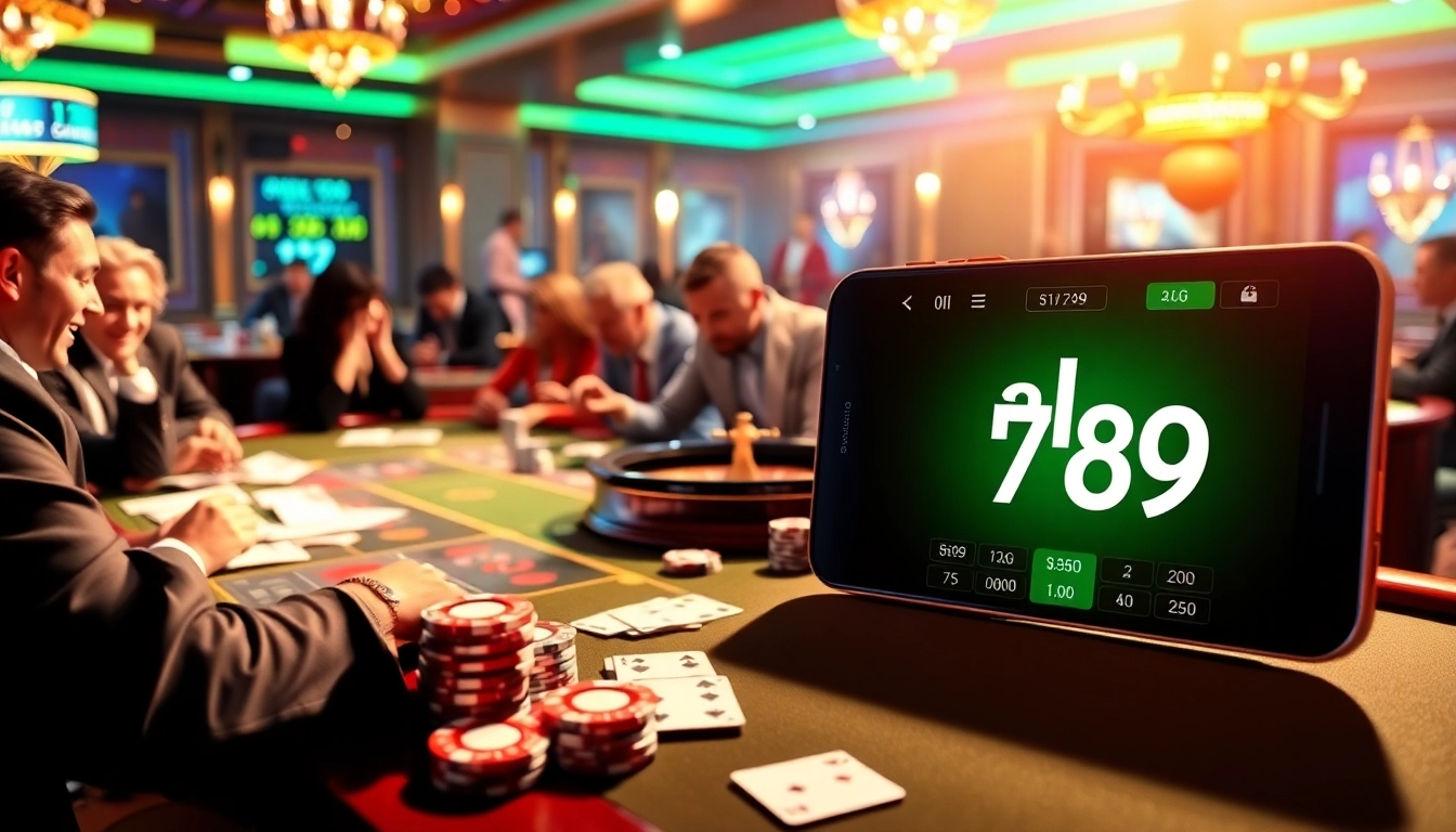 Exciting casino action with players engaged at the poker table and the online platform "alo 789" showcased on a smartphone.