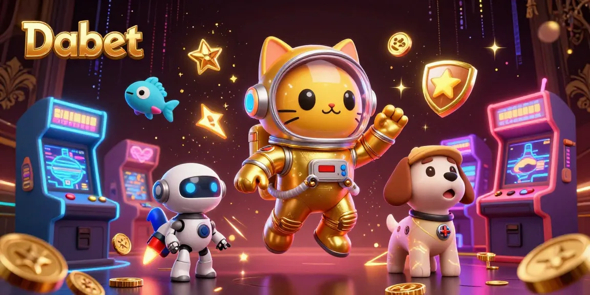 Dabet showcases a vibrant 3D casino scene filled with colorful gaming elements and characters.