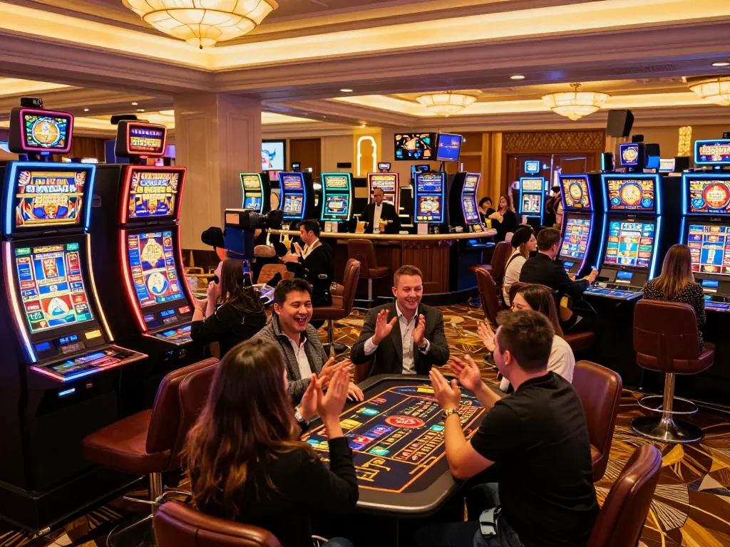 Players enjoying the vibrant atmosphere of mm88star casino slots, celebrating wins and strategizing bets