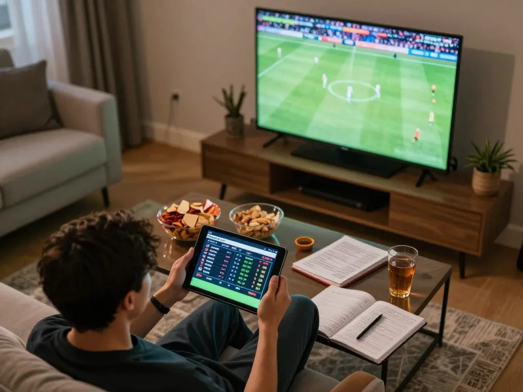 Using soccer tips to place bets during an exciting live soccer match on tablet at home