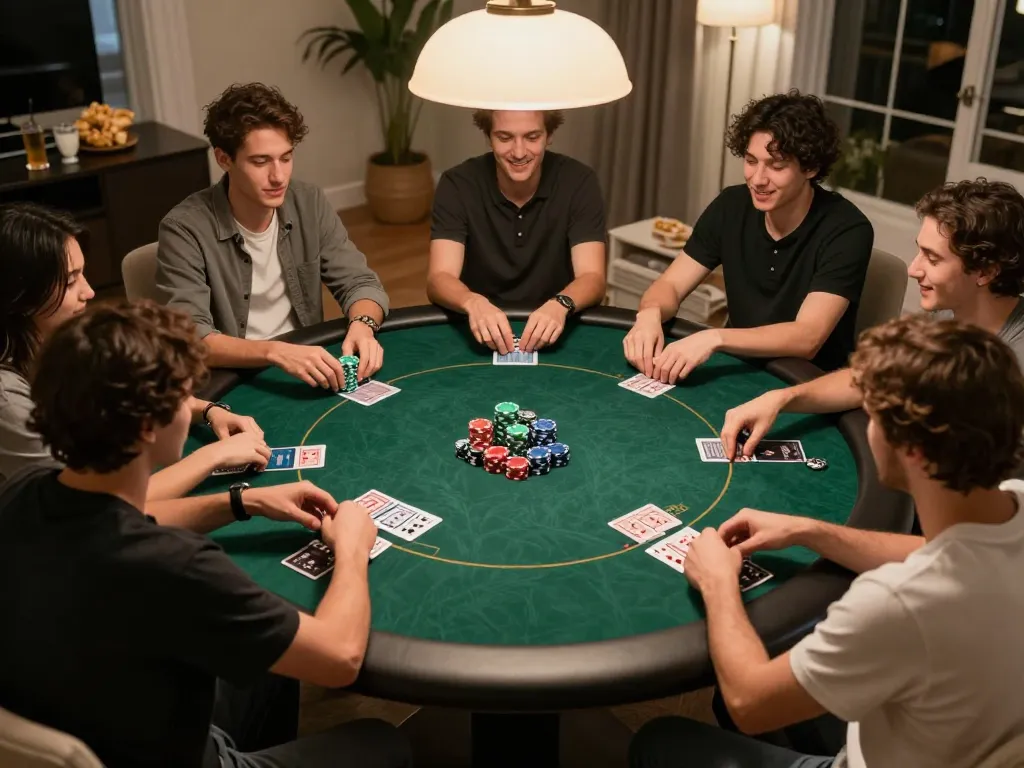 VIC88 players engaged in an exciting poker game during a cozy home gathering.