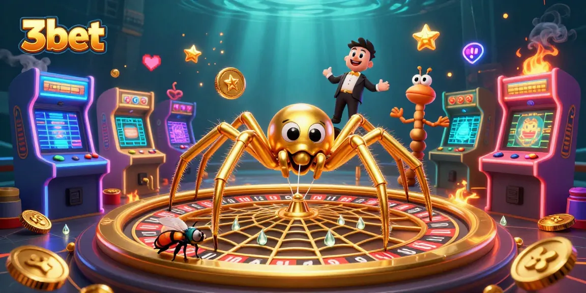 3bet casino visualizing a golden roulette wheel, a spider, and dynamic gaming elements.