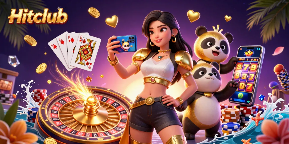 Hitclub casino game experience with a dynamic scene of a woman and a panda mascot celebrating wins.