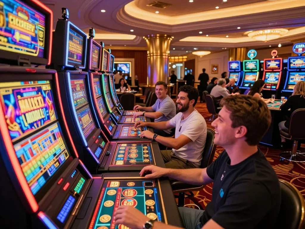 Players enjoying vibrant DA88 slot machines in an upscale casino atmosphere.