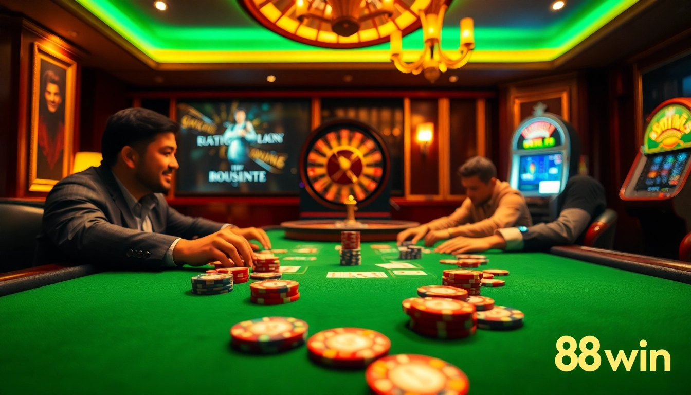 Players enjoy a thrilling poker game at 98win's engaging casino table, surrounded by colorful chips and cards.