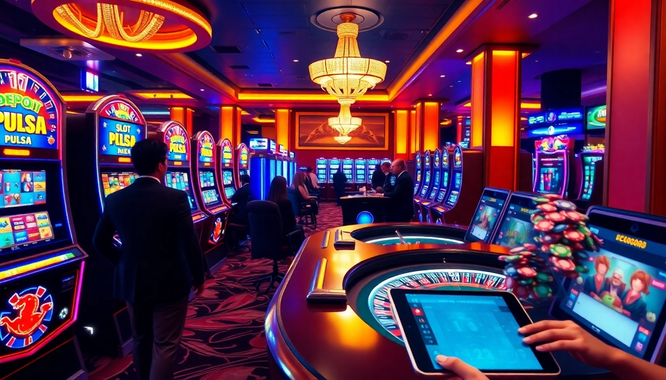 A high-energy casino scene featuring vibrant slot machines with "slot deposit pulsa" and excited gamblers at the roulette table.